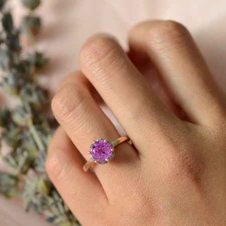 pink sapphire moissanite flower ring