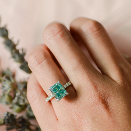 blue green moissanite radiant cut pavé ring