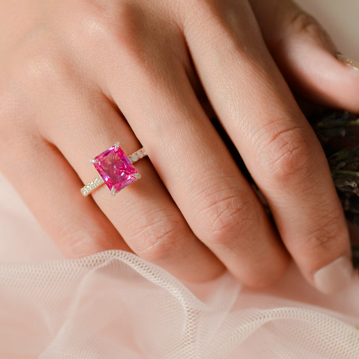 pink sapphire radiant cut pavé ring
