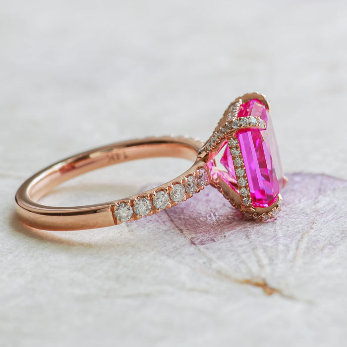 pink sapphire ring radiant cut pavé ring