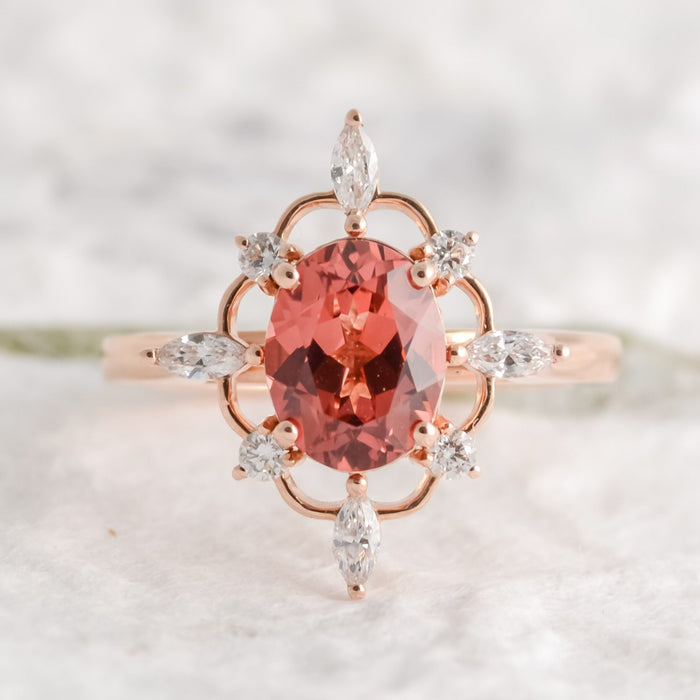 Padparadscha pink sapphire diamond ring