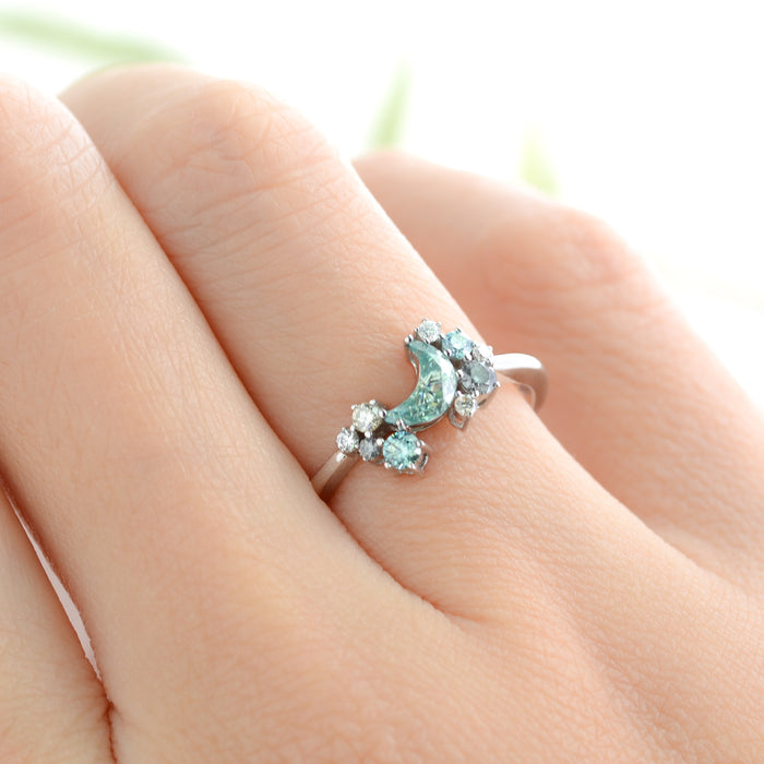 Chandra Blue Moon | Crescent Cut Ice Blue Moissanite Cluster Ring